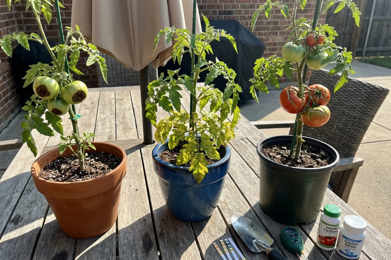 Common tomato problems including blossom end rot, yellowing leaves, and cracking with diagnostic information