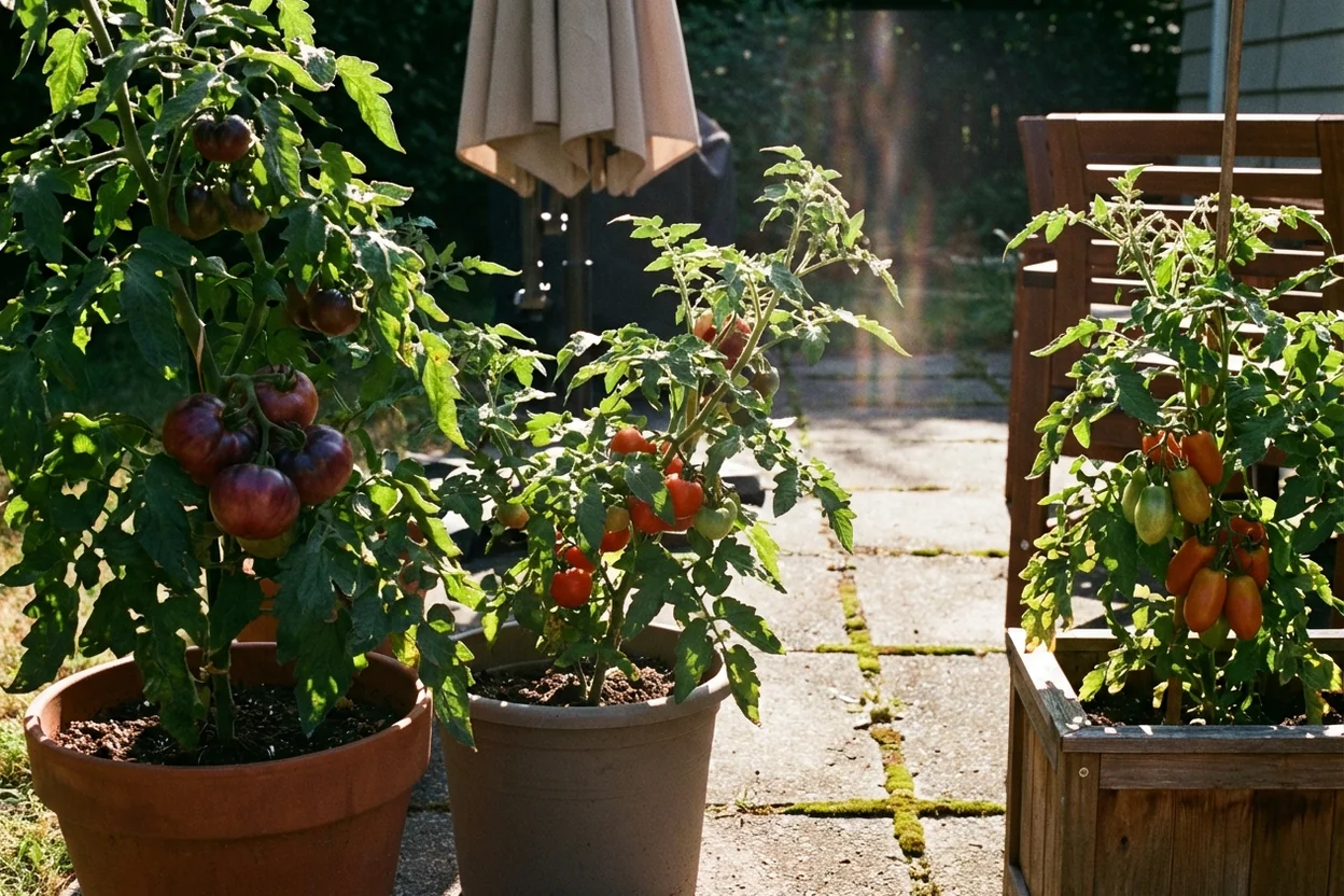 Different tomato varieties including Cherokee Purple, Celebrity, and Roma growing successfully in containers