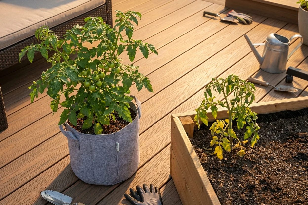 Side by side comparison of thriving container tomato plant next to struggling ground planted tomato