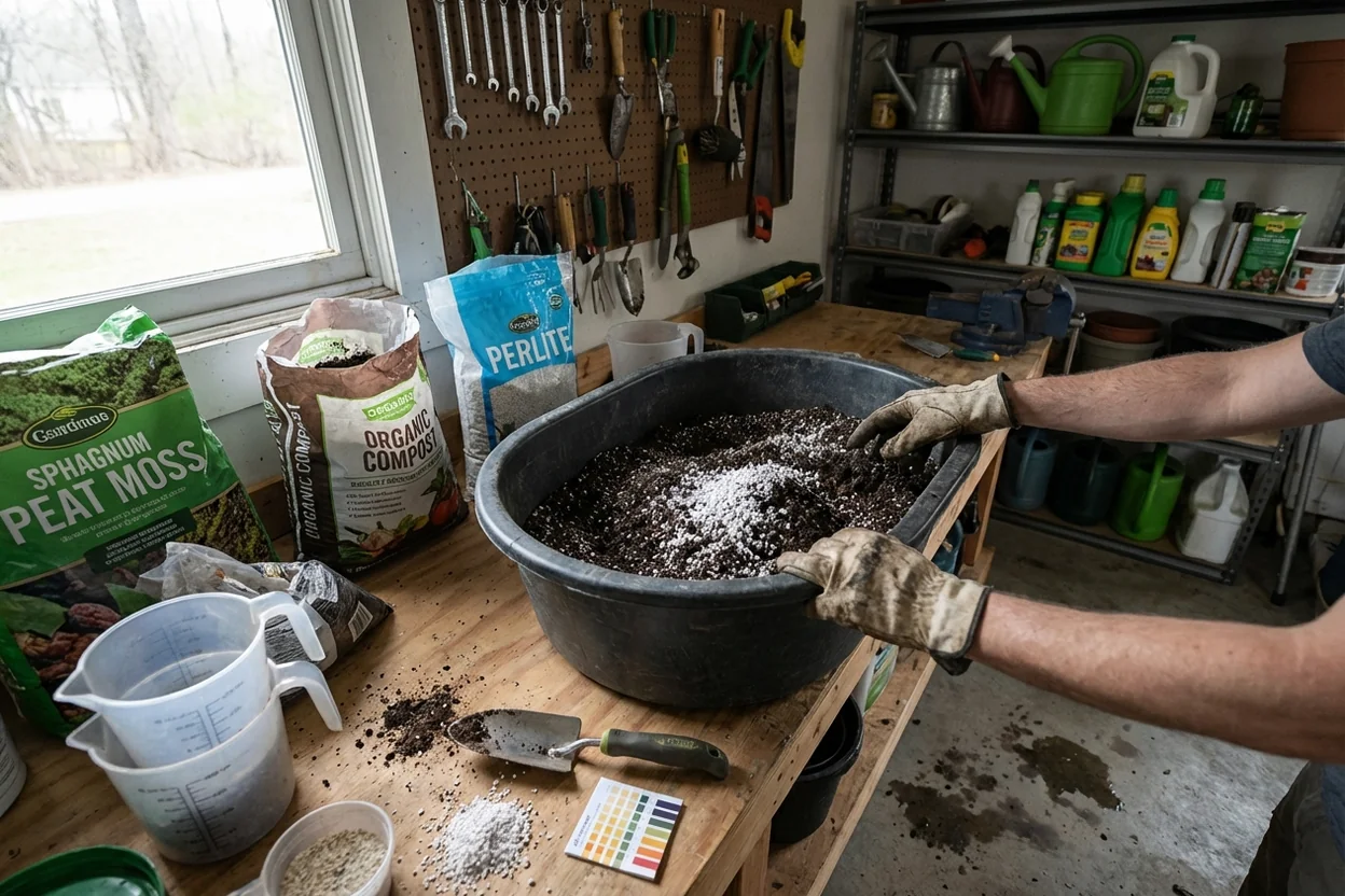 Gardening hands mixing peat moss, compost, perlite and amendments for custom tomato container soil