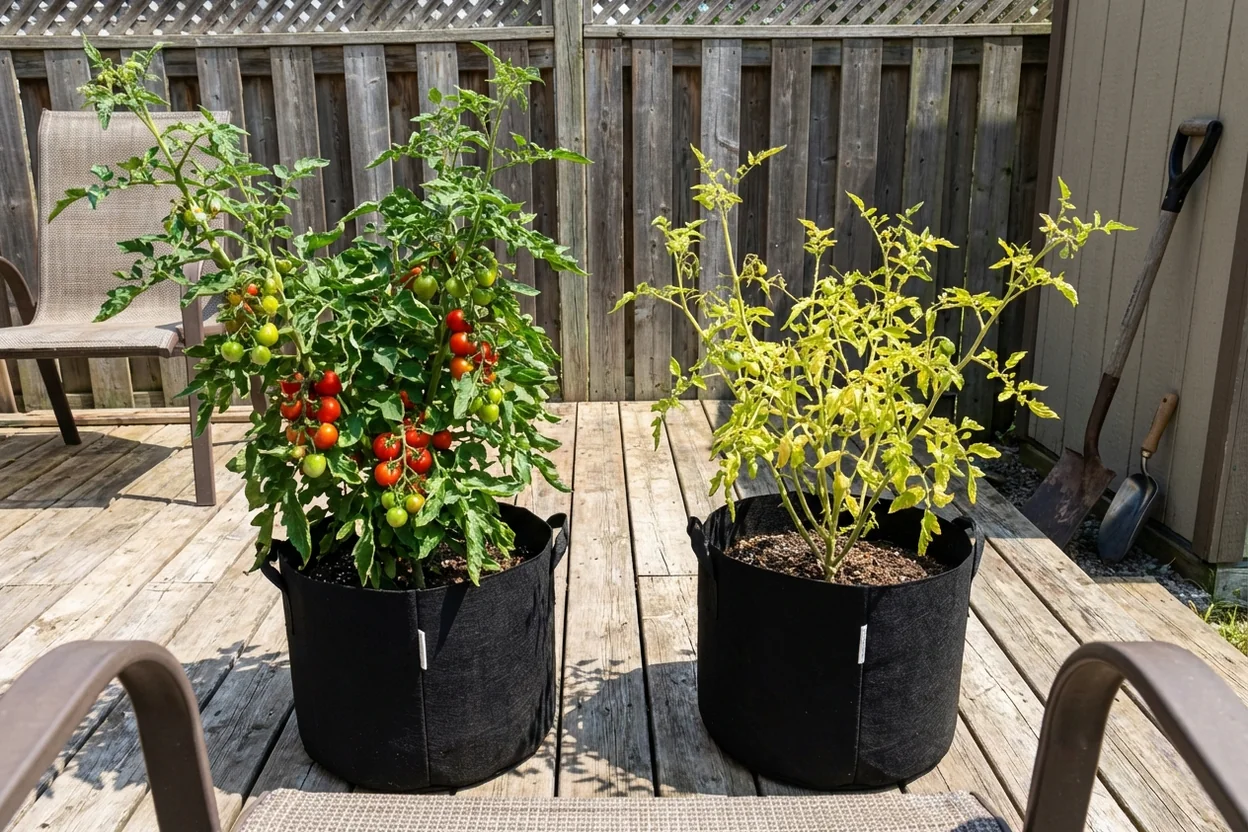 Side by side comparison showing lush fertilized tomato plant versus struggling unfertilized plant in containers