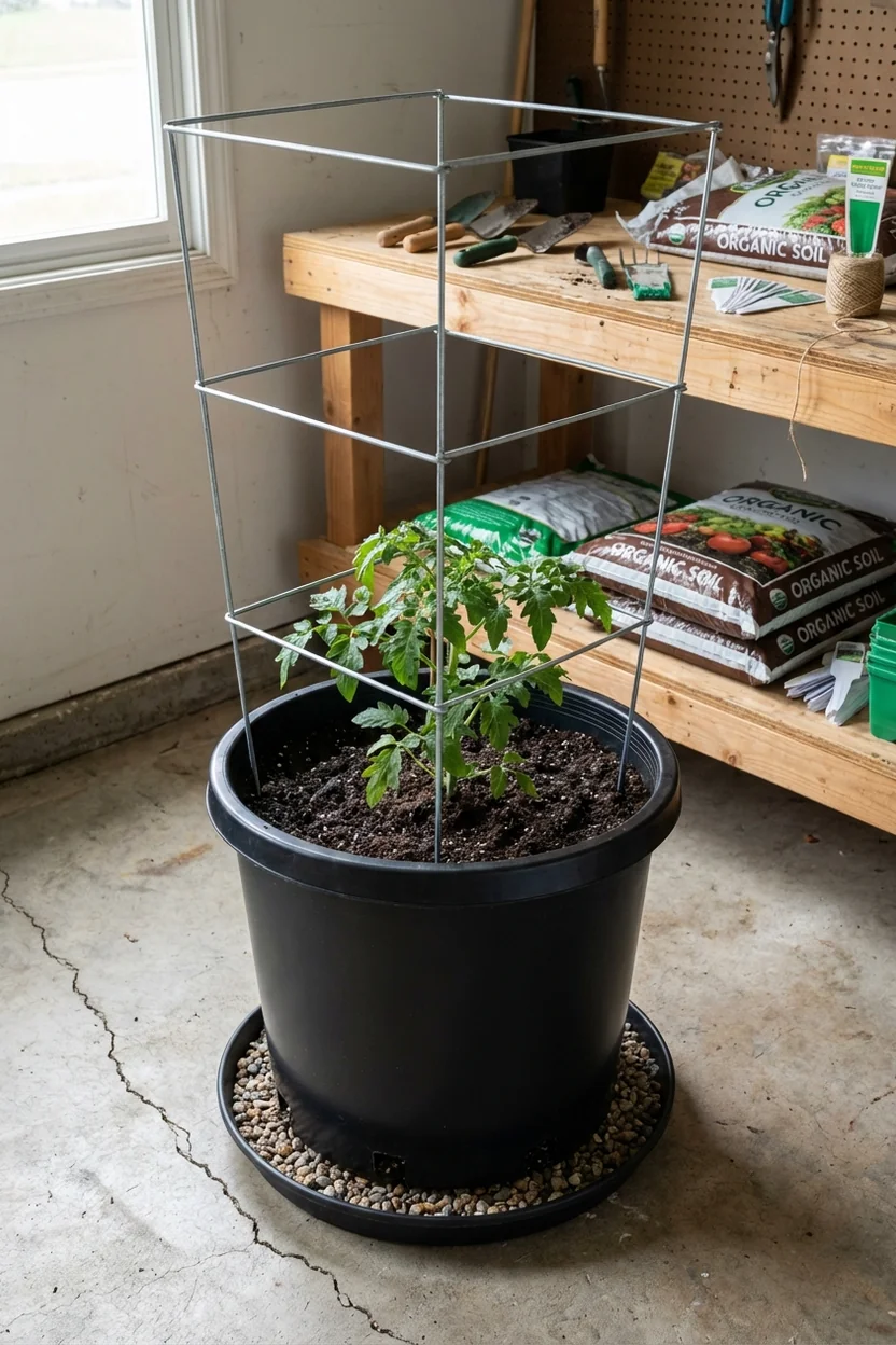 Heavy-duty tomato cage properly installed in large container at planting time for maximum support