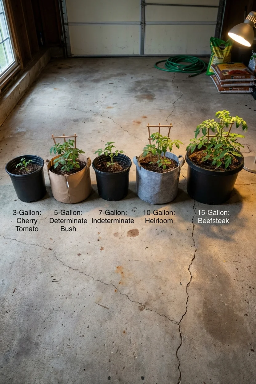 Various sized containers from 3 to 15 gallons showing proper sizing for different tomato varieties