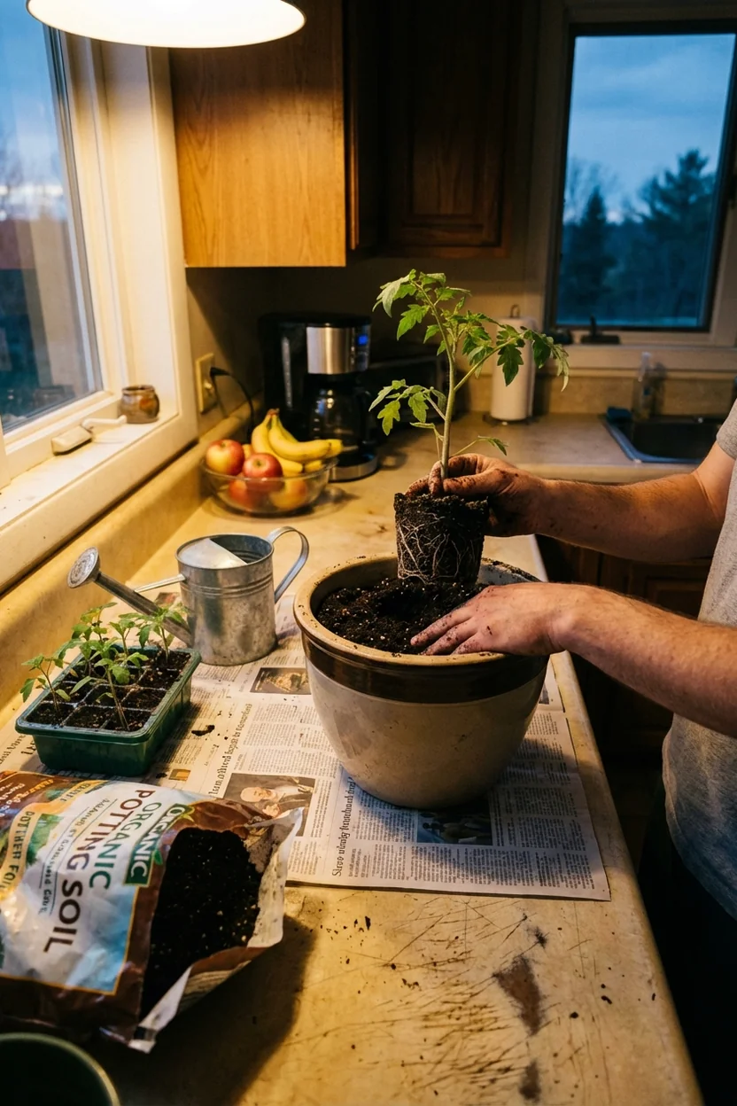 Proper technique for transplanting tomato seedlings deep into containers for stronger root development