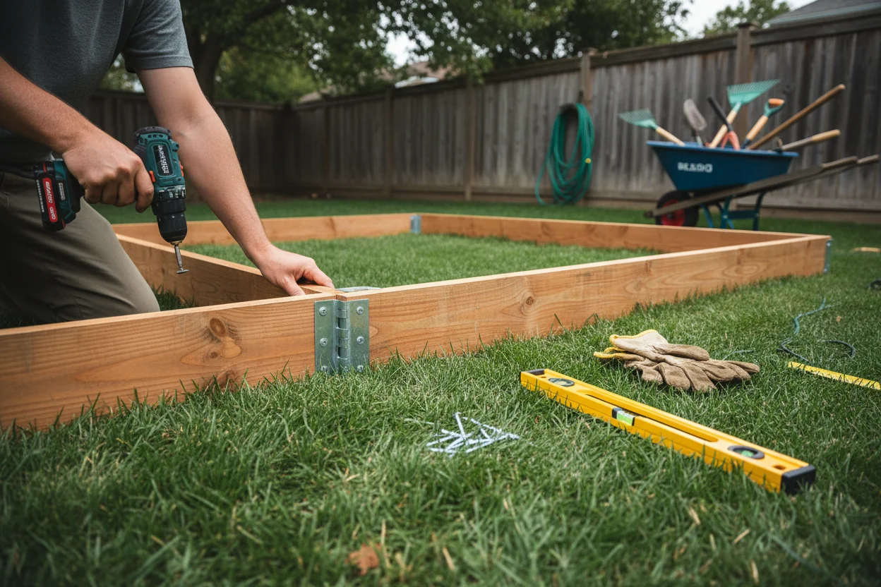 Hands installing corner brackets on cedar raised bed frame with drill and level on ground