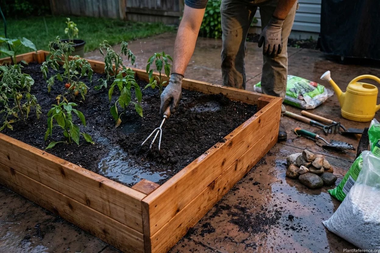 Gardener using hand cultivator to create emergency drainage channels in waterlogged raised bed