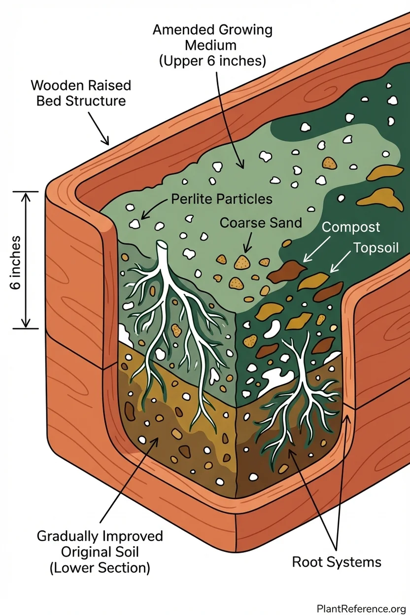 Cross-section showing perlite and coarse sand drainage amendments mixed into raised bed soil