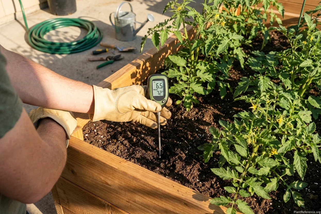 Gardener using digital soil moisture meter to test raised bed before watering