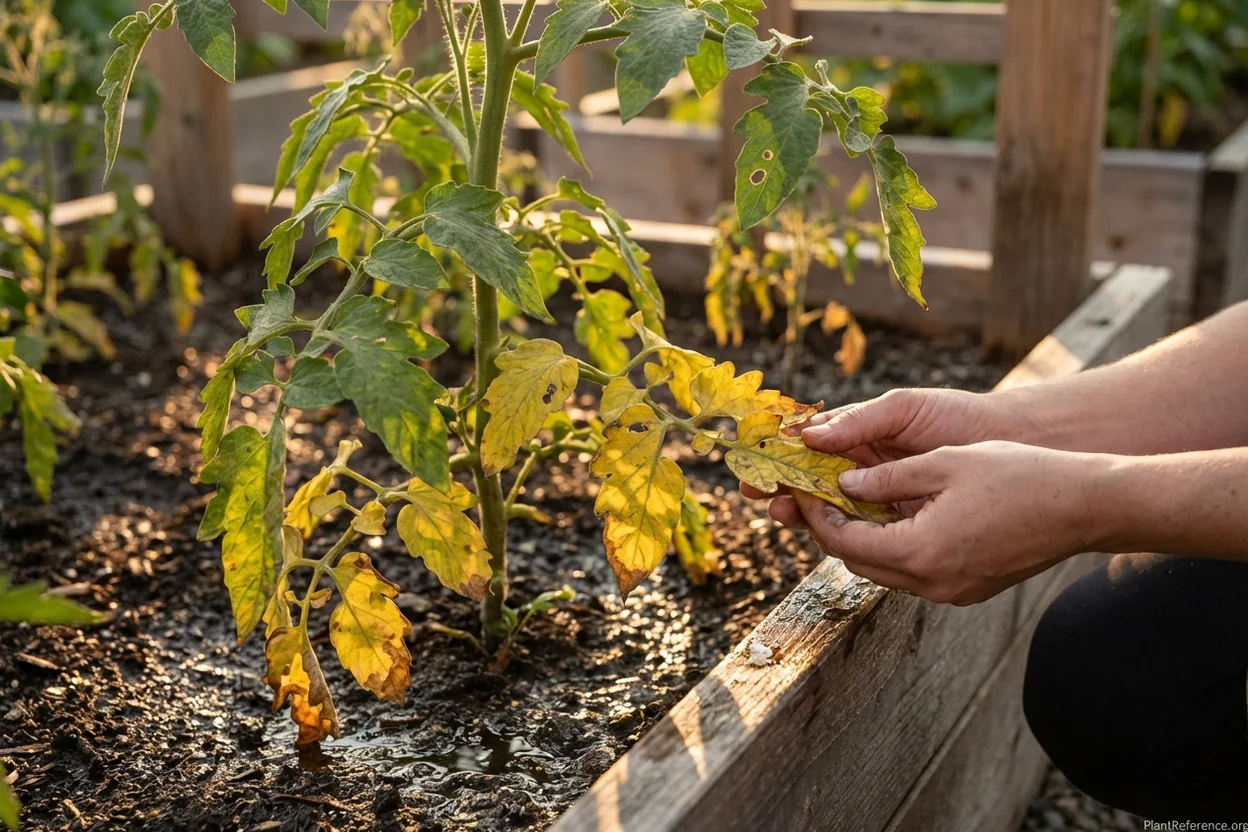 Yellow tomato leaves with brown edges showing classic overwatering symptoms in raised bed