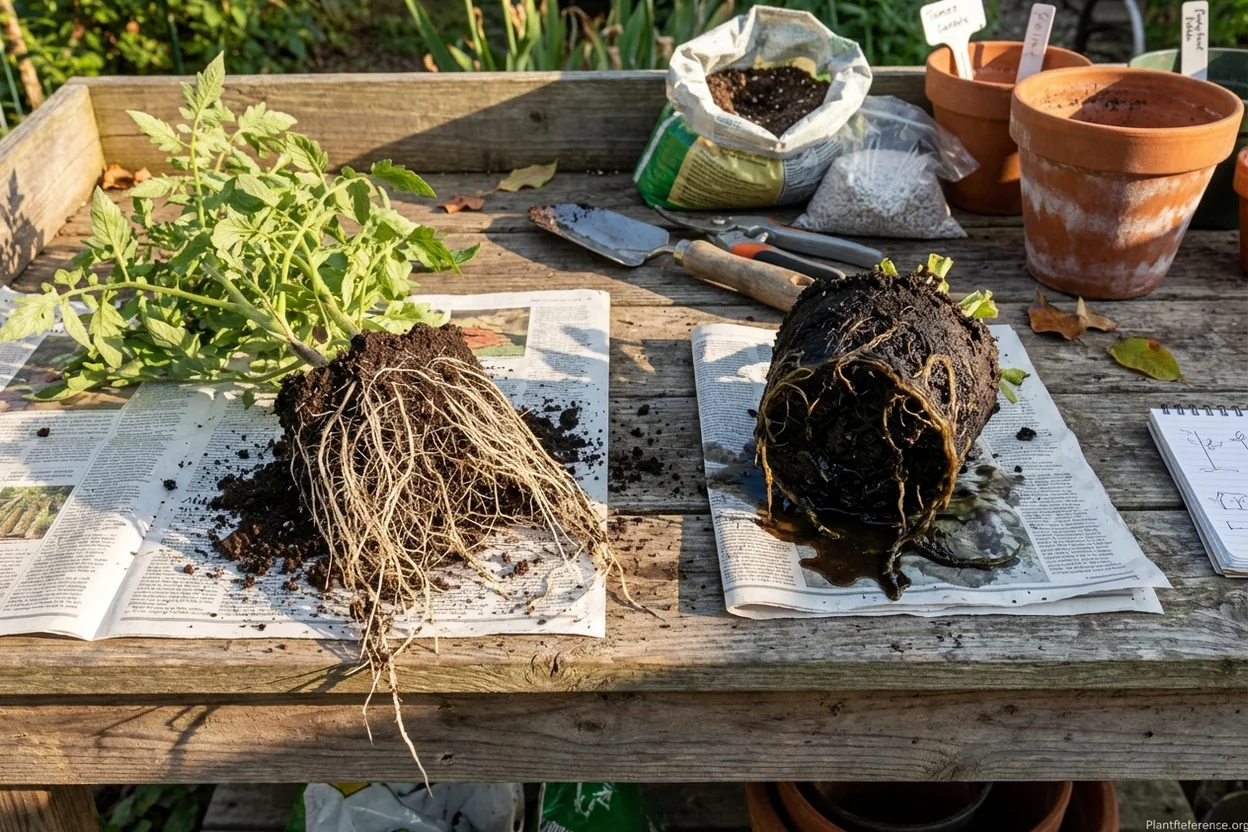Side-by-side comparison of healthy white plant roots and black rotted roots from overwatering