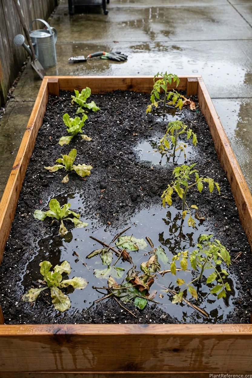 Standing water pooled on raised bed soil surface indicating poor drainage