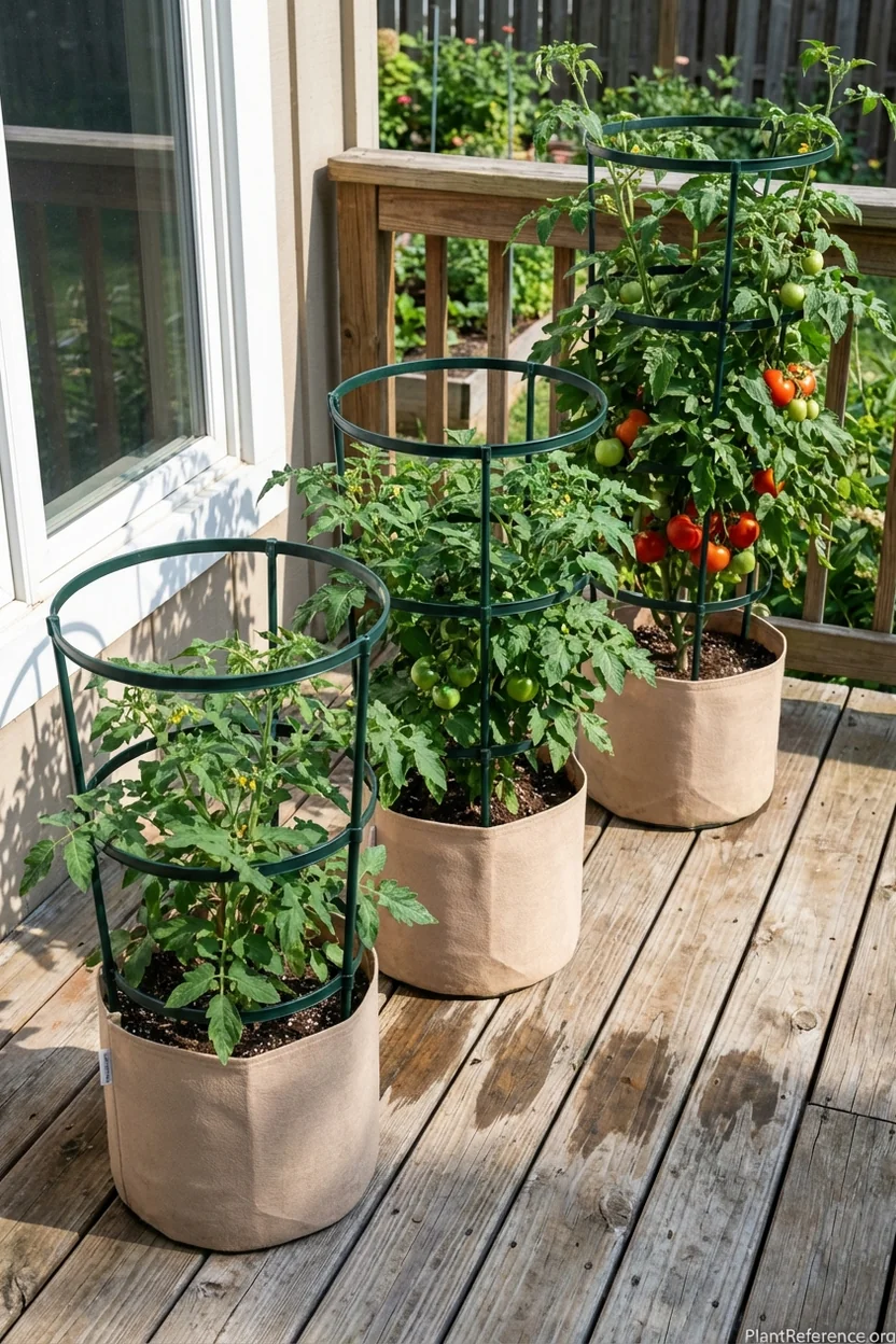 K-Brands adjustable tomato cage shown at different diameter settings for various plant sizes