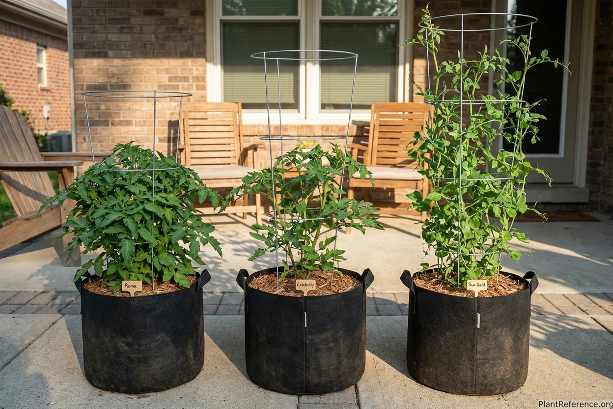 Three different cage heights matched to determinate, compact indeterminate, and full indeterminate tomato varieties