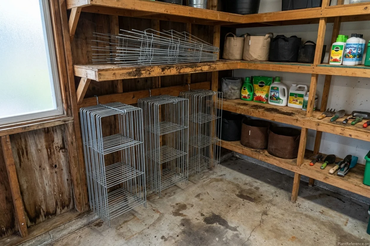 Garage storage area with tomato cages organized vertically and collapsible cages stored flat