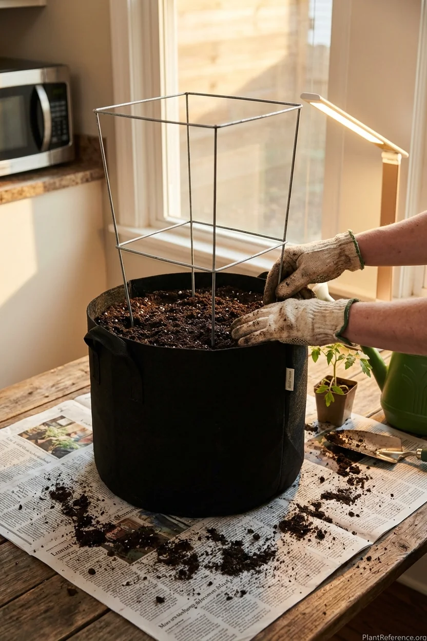 Hands installing heavy-duty tomato cage in container before planting tomato seedling