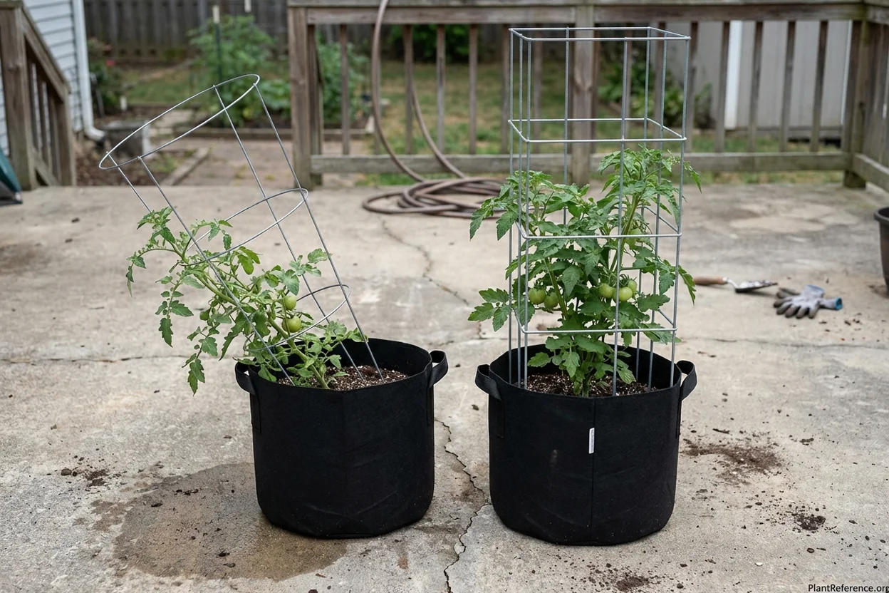 Comparison of round wire cage tipping versus square galvanized cage staying stable in containers