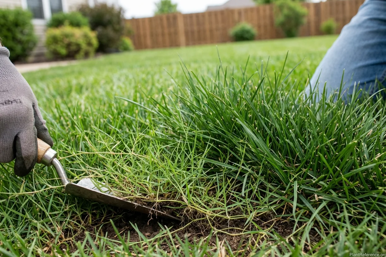 Bermudagrass stolons creeping into a tall fescue lawn showing the mixing problem in transition zone