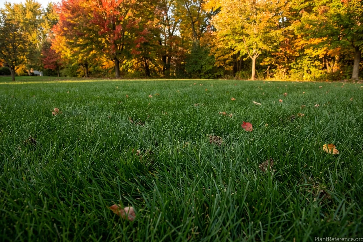 Turf-type tall fescue lawn in peak fall condition showing dark green dense growth in transition zone