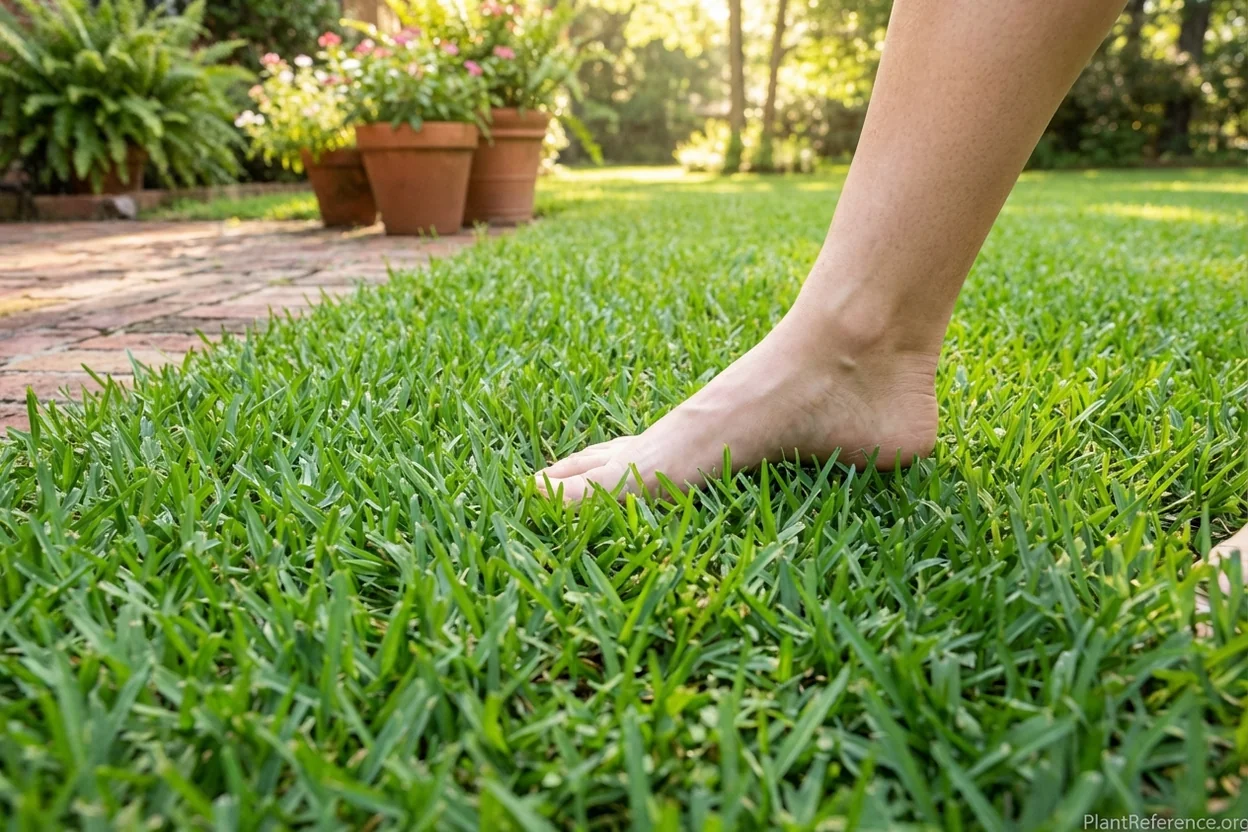 Dense zoysiagrass lawn showing carpet-like texture and medium green color in transition zone summer