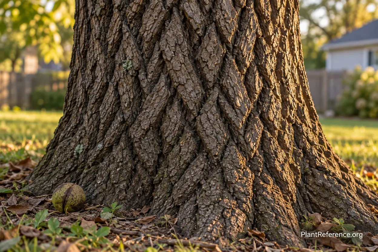 Black walnut bark showing deep intersecting diamond-shaped ridges for identification