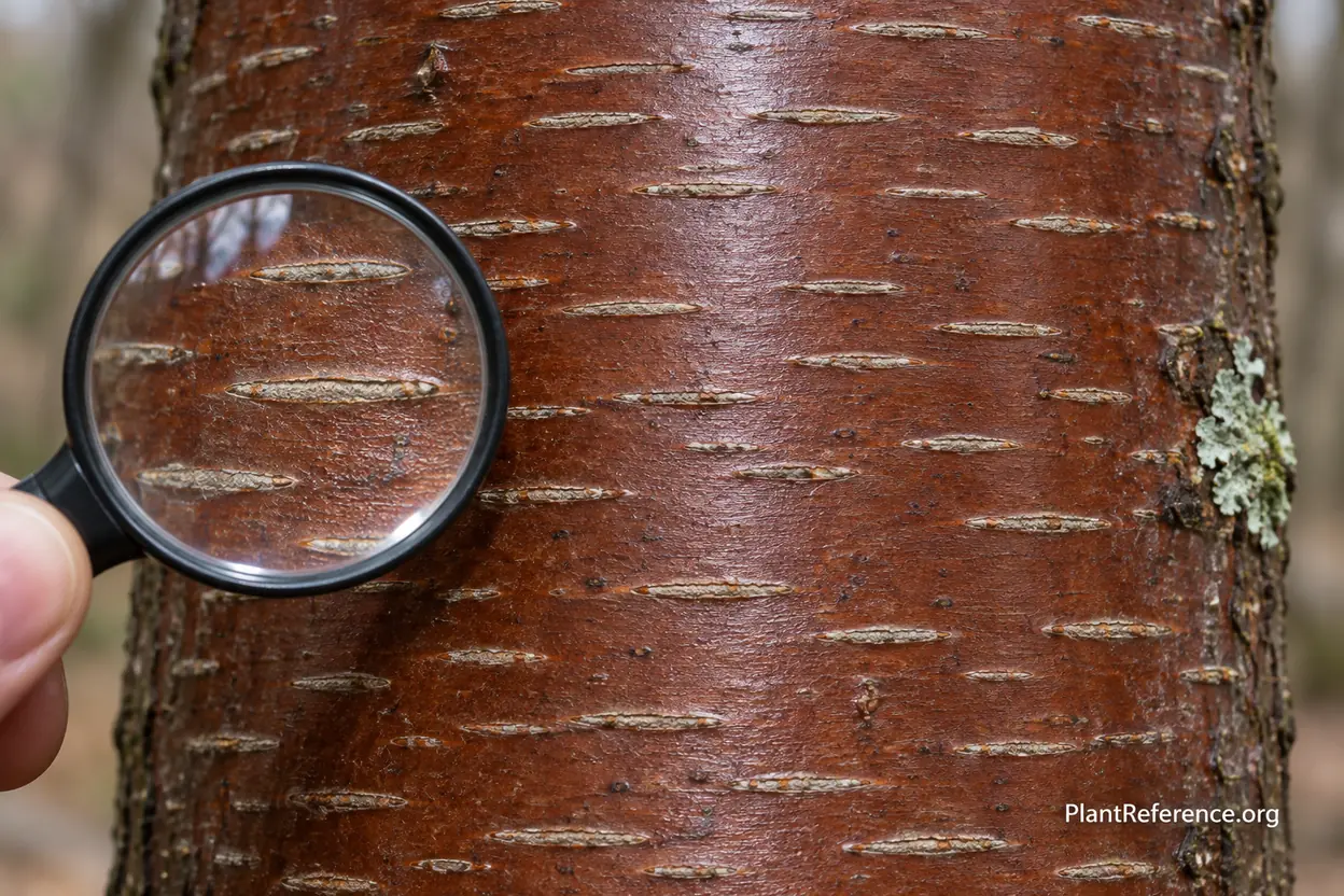 Horizontal lenticels on smooth reddish black cherry bark used for tree identification