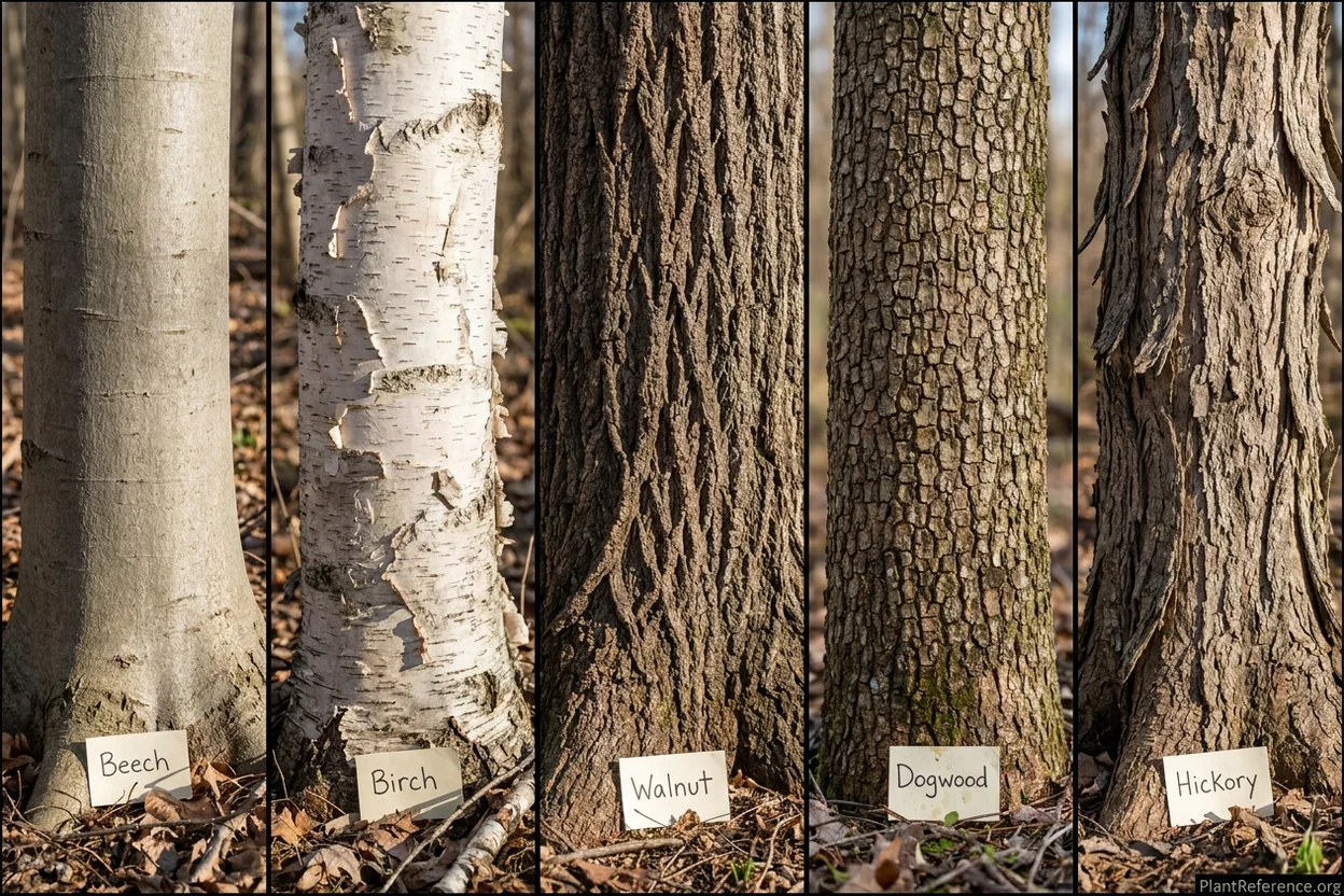 Five tree bark textures compared: smooth beech, peeling birch, furrowed walnut, plated dogwood, shaggy hickory