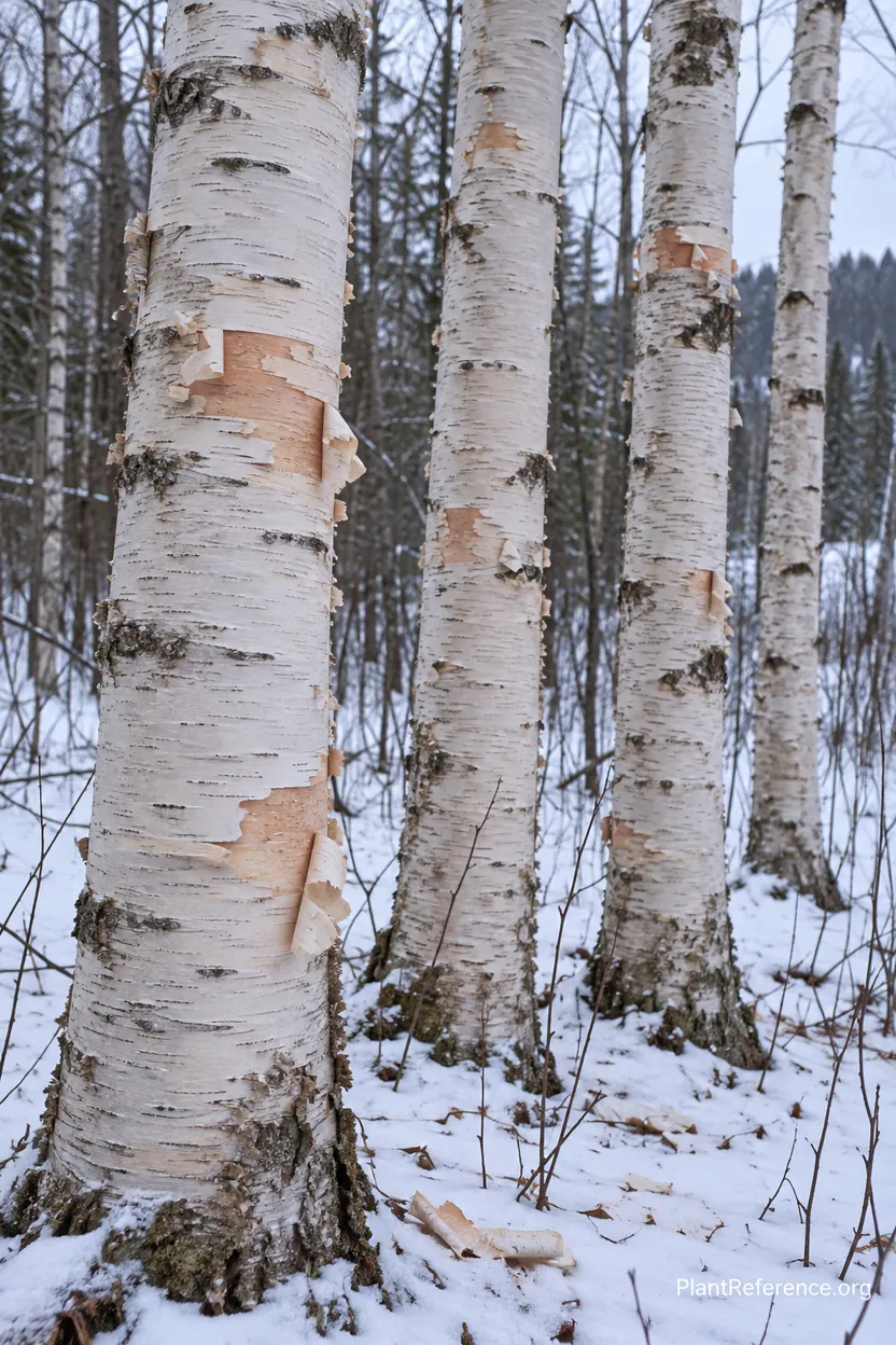 Paper birch bark peeling in white horizontal papery sheets, a classic identification feature