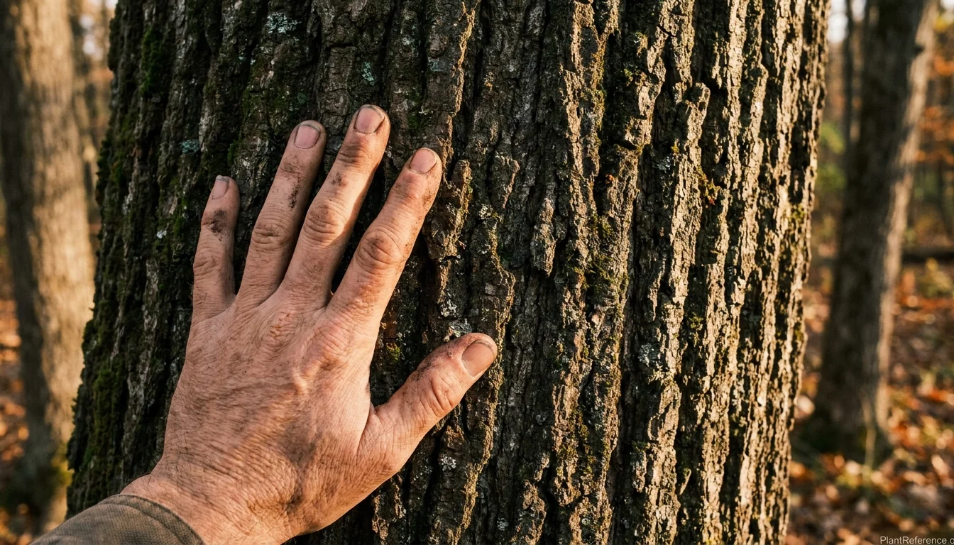 Tree bark identification guide showing furrowed, plated, and peeling bark on common North American trees