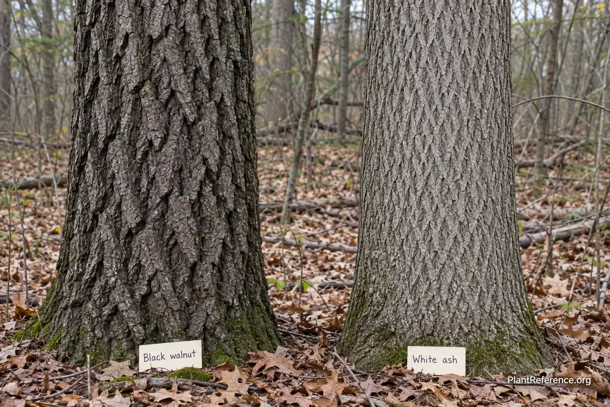 Black walnut versus white ash bark comparison showing ridge depth differences