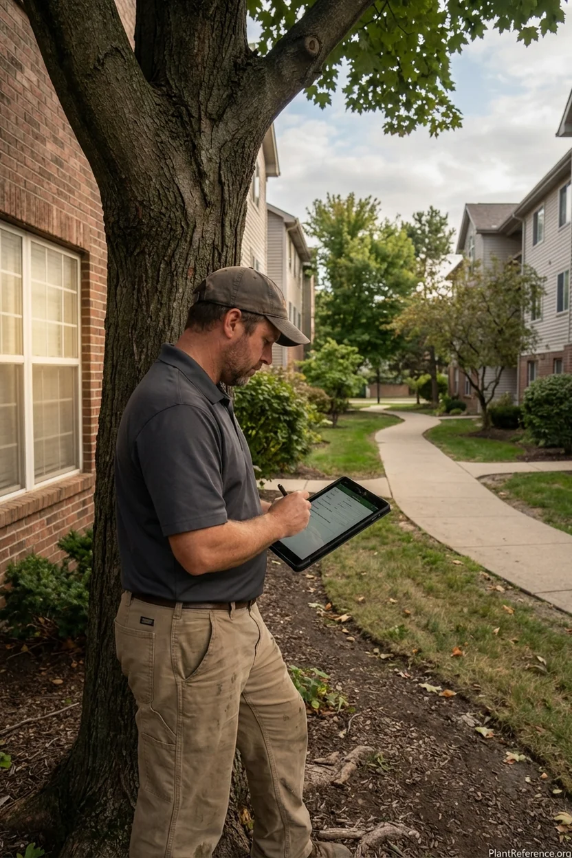 Property manager using tablet computer for digital tree inventory data collection in HOA community
