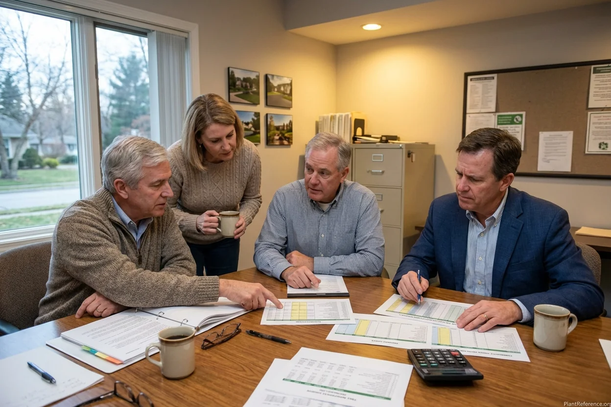 HOA board members reviewing annual tree care budget and maintenance schedules during planning meeting