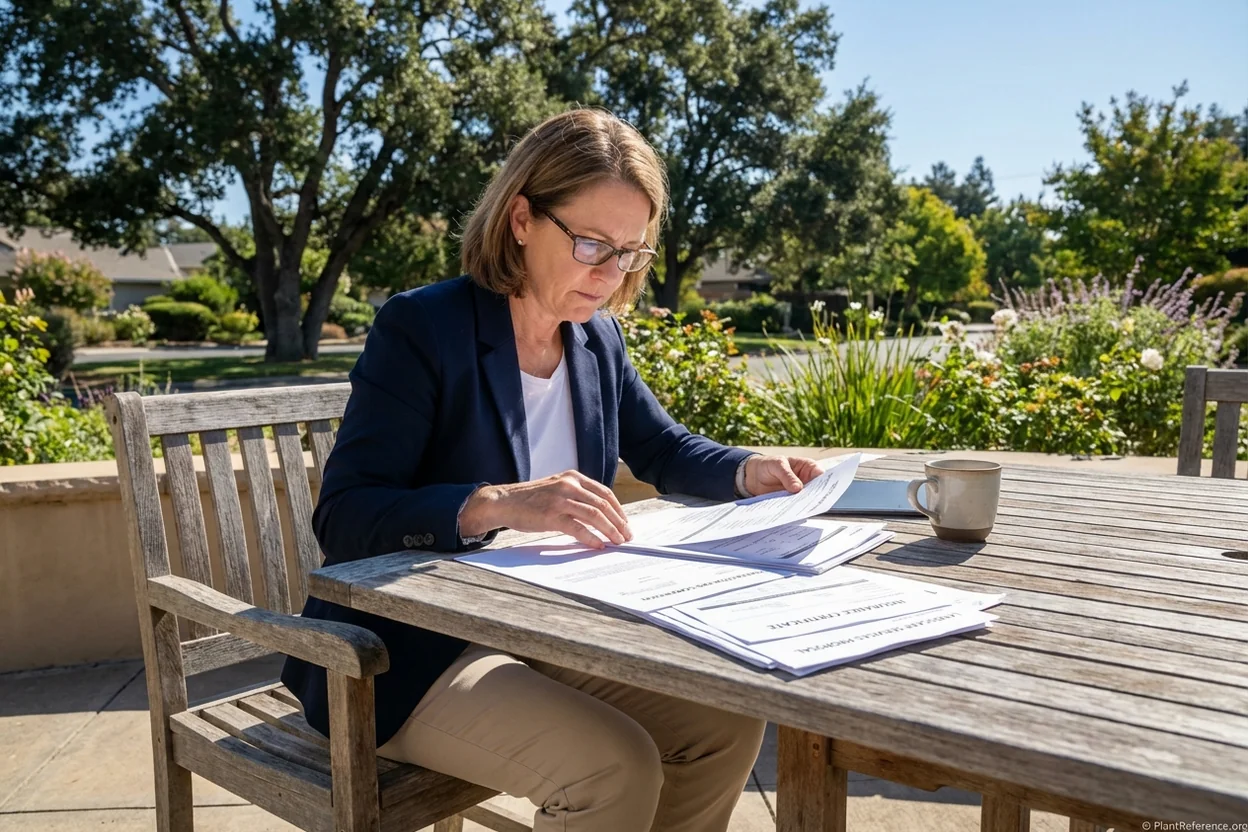 Property manager reviewing tree care contractor proposals and insurance documentation for HOA selection process