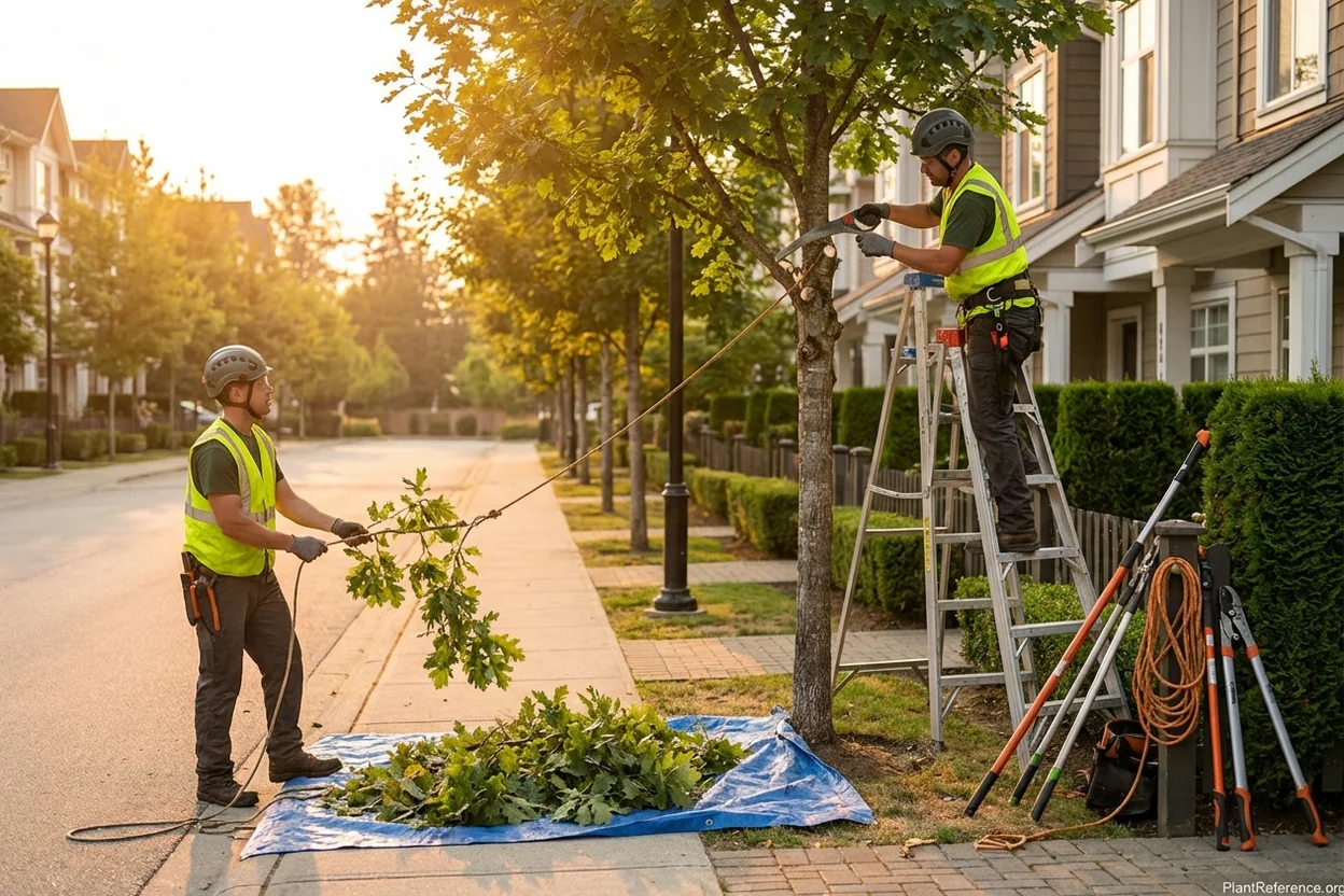 Professional arborist crew performing maintenance pruning on young trees in HOA community setting