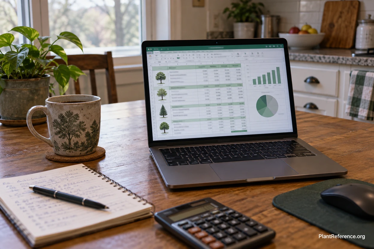 Digital spreadsheet showing HOA tree care budget with maintenance costs, emergency reserves, and annual projections