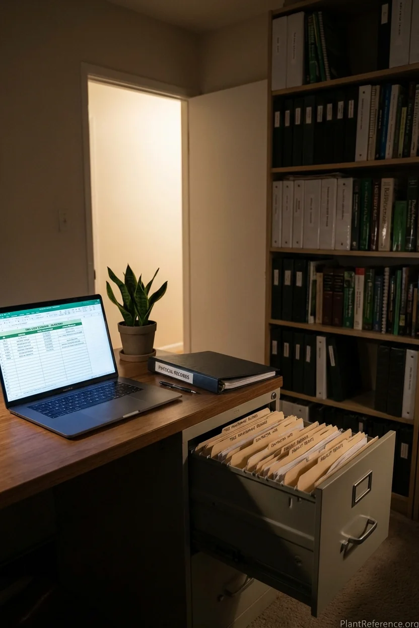 Organized tree care documentation system with digital files and physical records for HOA management