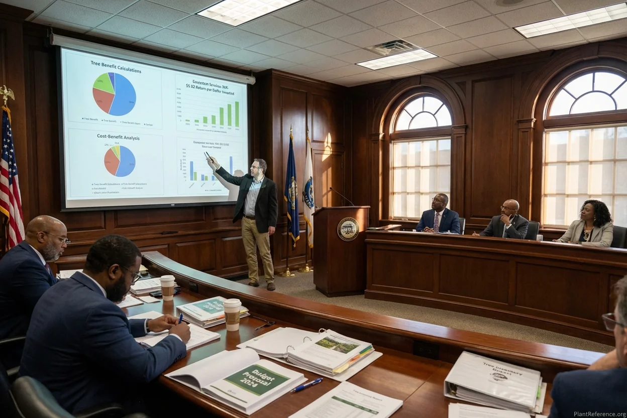City council meeting discussing urban forestry budget with ecosystem services valuation data and return on investment analysis