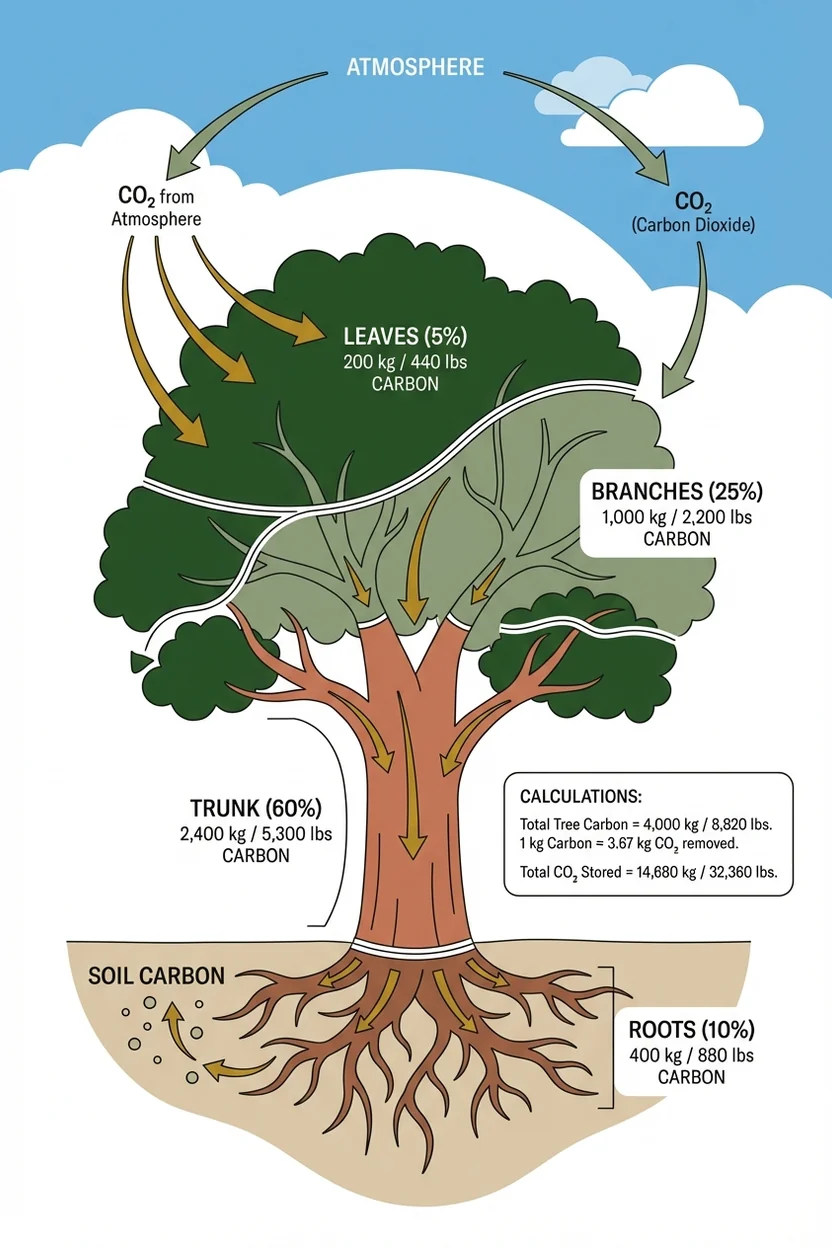 Educational diagram illustrating carbon sequestration and storage in tree biomass for ecosystem services valuation