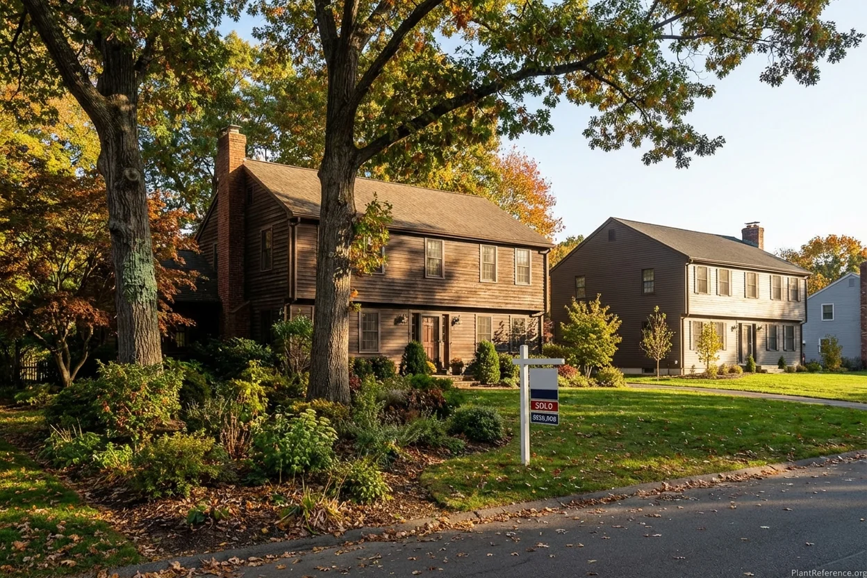 Side-by-side comparison of homes with and without mature trees showing property value impact of ecosystem services