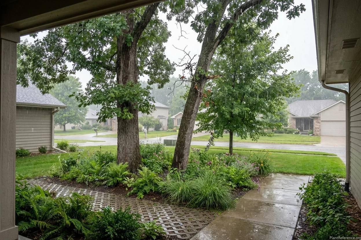 Trees and rain garden demonstrating ecosystem services through stormwater interception and groundwater recharge