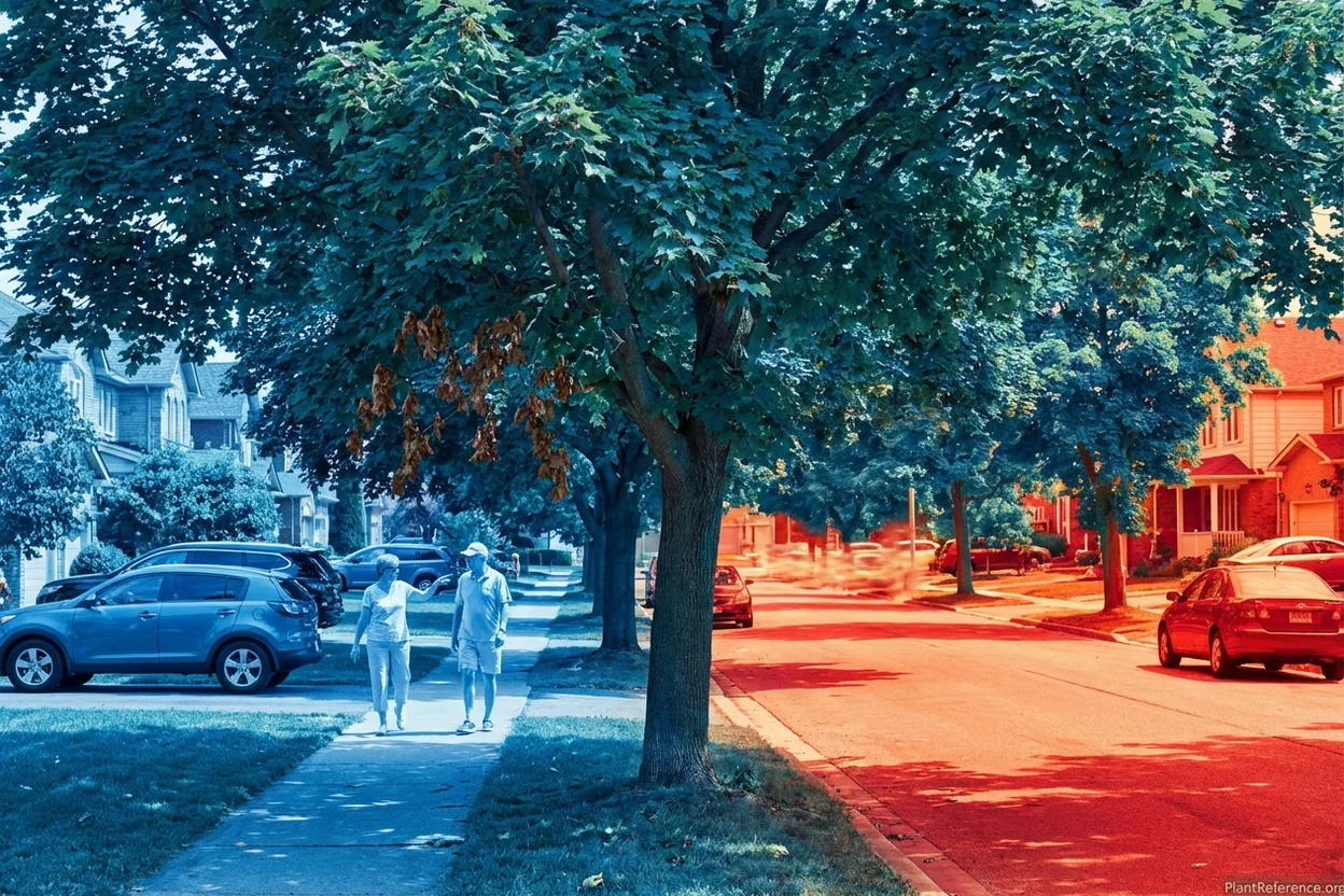 Street trees demonstrating ecosystem services through shade provision and urban heat island mitigation in residential neighborhood