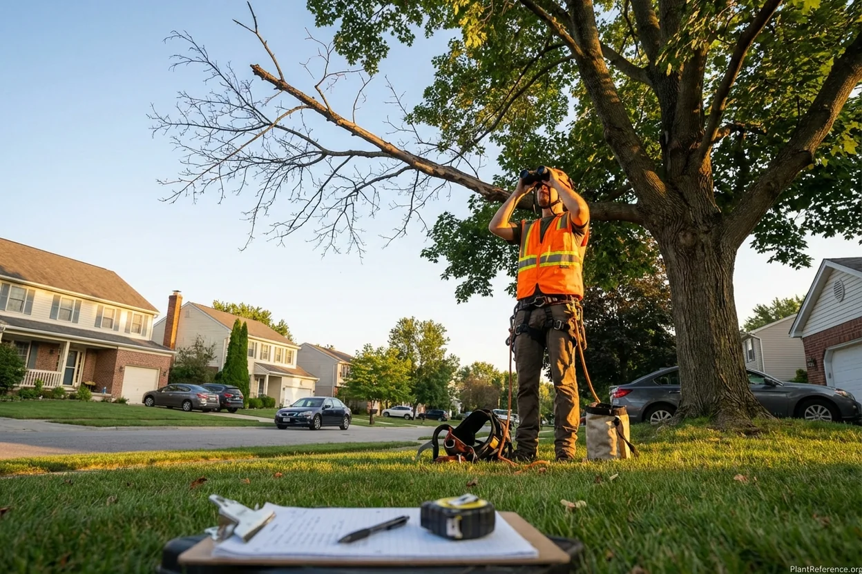 Arborist identifying dead branches during tree risk assessment using binoculars for crown examination