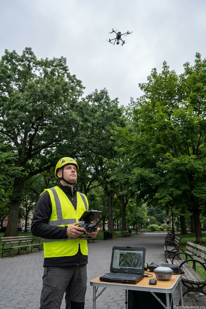 Professional drone operator conducting aerial tree risk assessment using LiDAR equipped UAV system