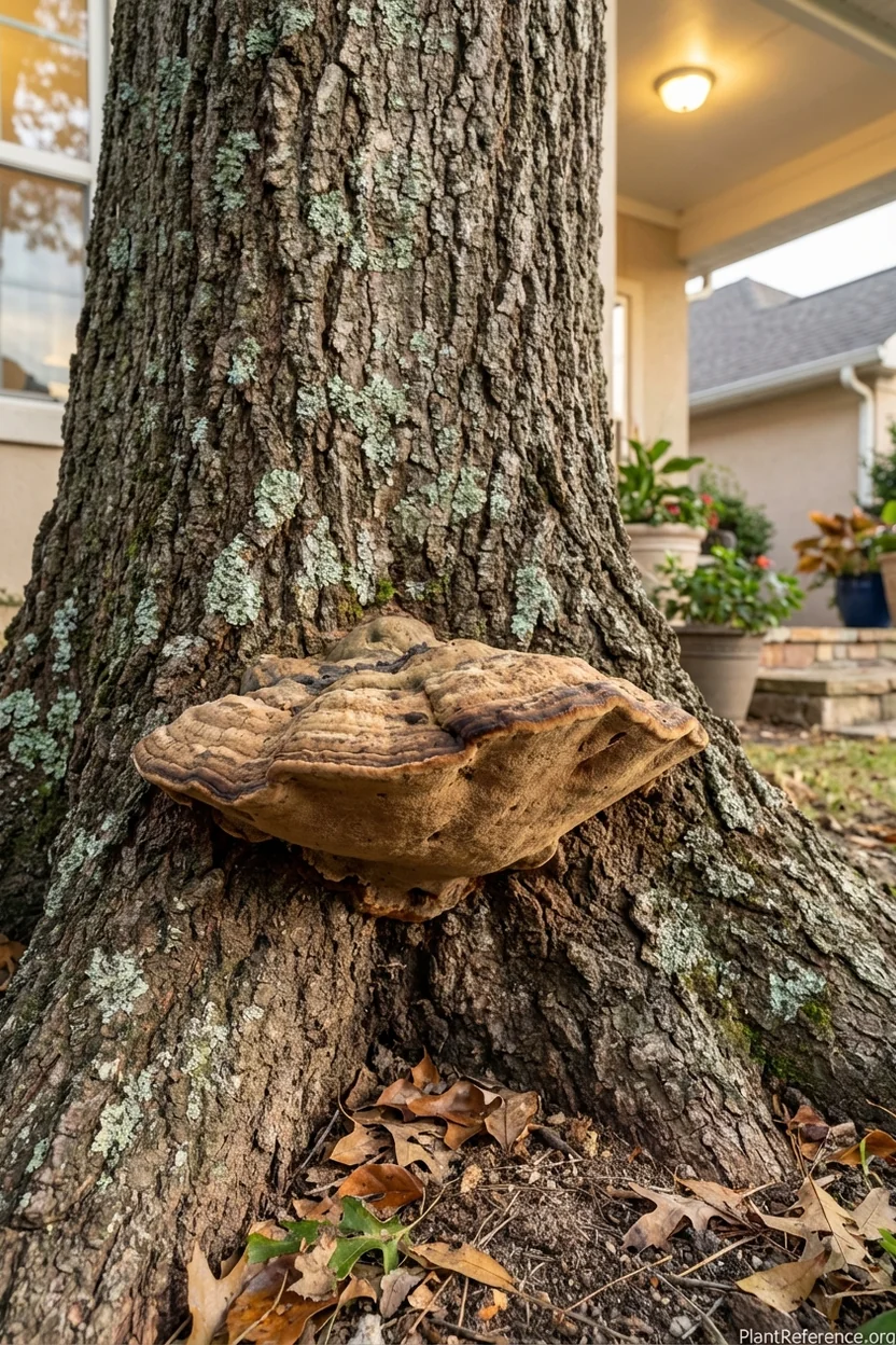 Bracket fungus growth at tree base indicating internal decay during tree risk assessment inspection