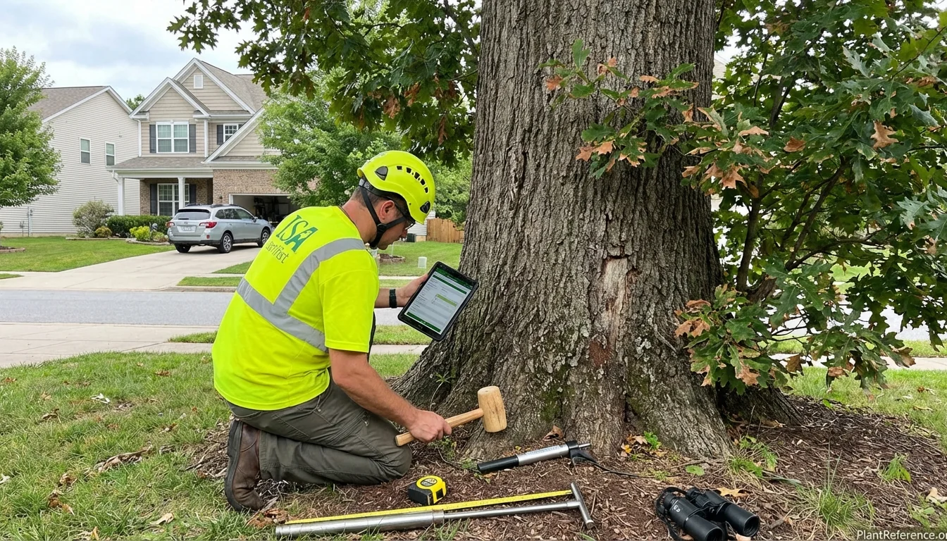 ISA certified arborist performing comprehensive tree risk assessment on mature oak tree using digital tools