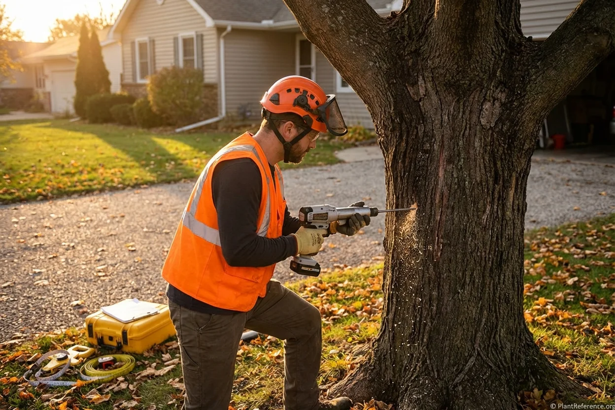 Arborist operating resistograph drill for internal wood decay testing during tree risk assessment