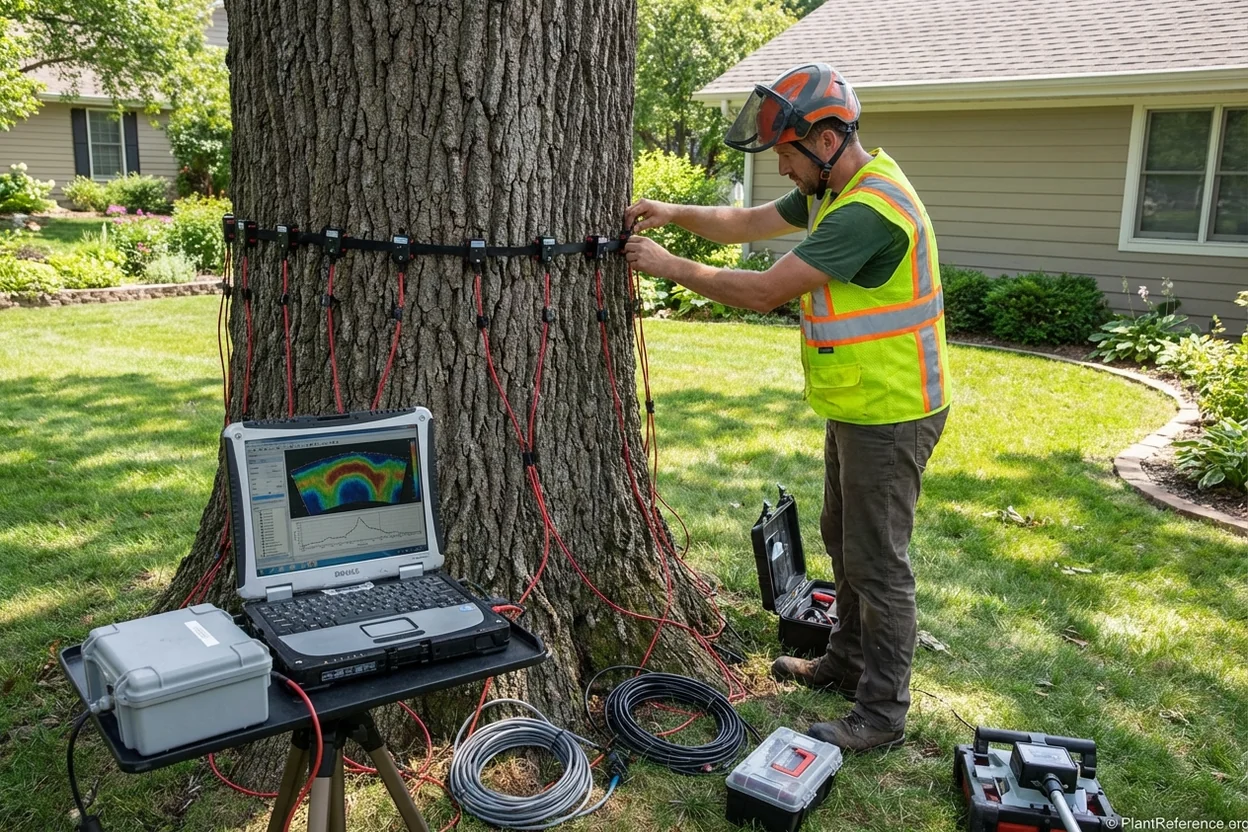 Sonic tomography sensors attached to oak trunk for advanced tree risk assessment and decay detection