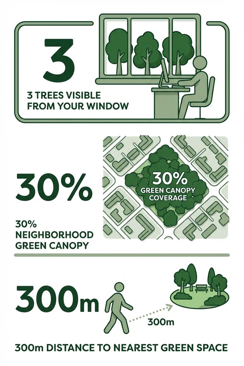 3-30-300 rule infographic showing urban tree canopy equity benchmarks for health outcomes