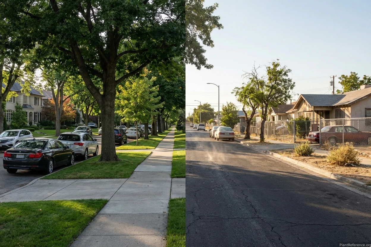 Side-by-side comparison showing urban tree canopy equity differences between affluent and low-income neighborhood streets