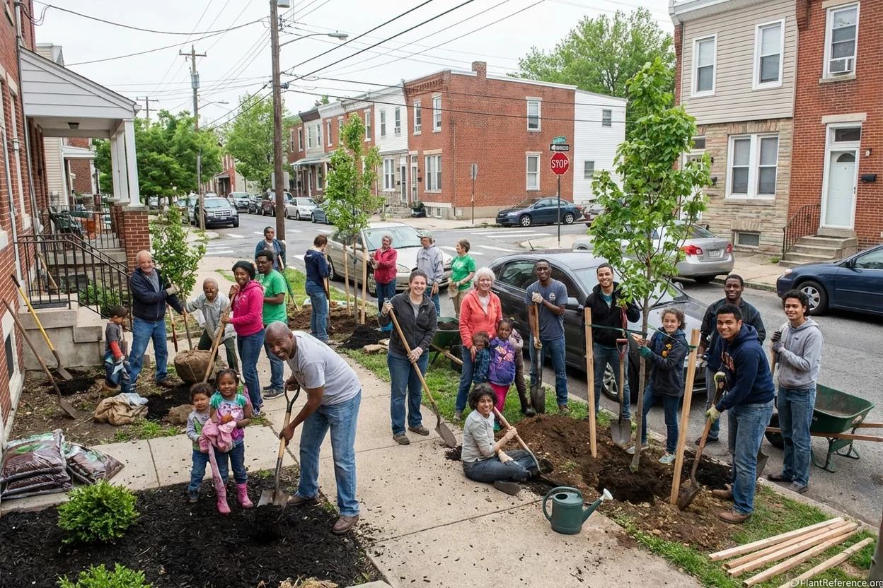 Community members planting trees in urban neighborhood as part of canopy equity initiative