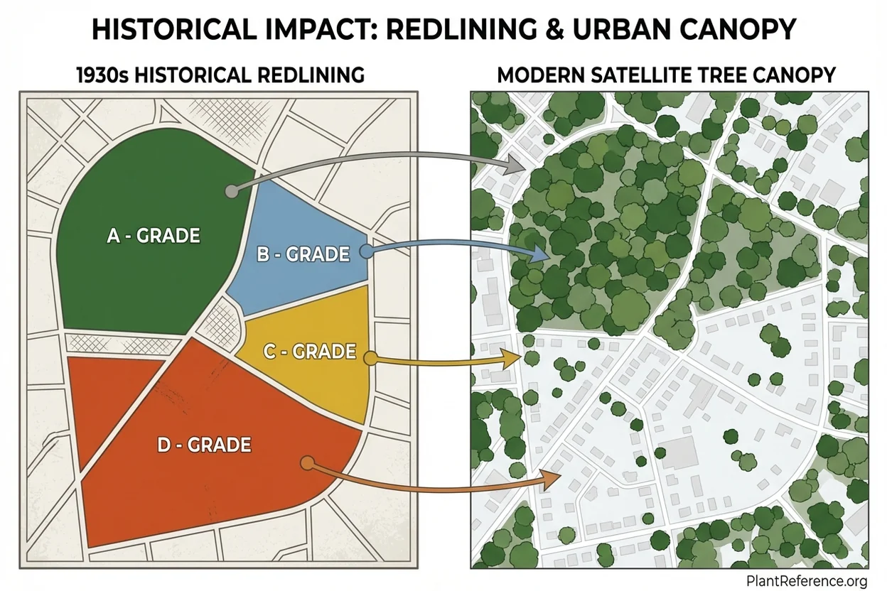 Historical redlining map correlation with current urban tree canopy distribution showing equity disparities
